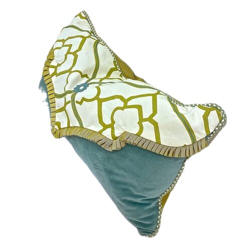 Vintage envelope style decorative pillow with a fanciful print and teal velvet. Down fill with zipper closure. No maker's...