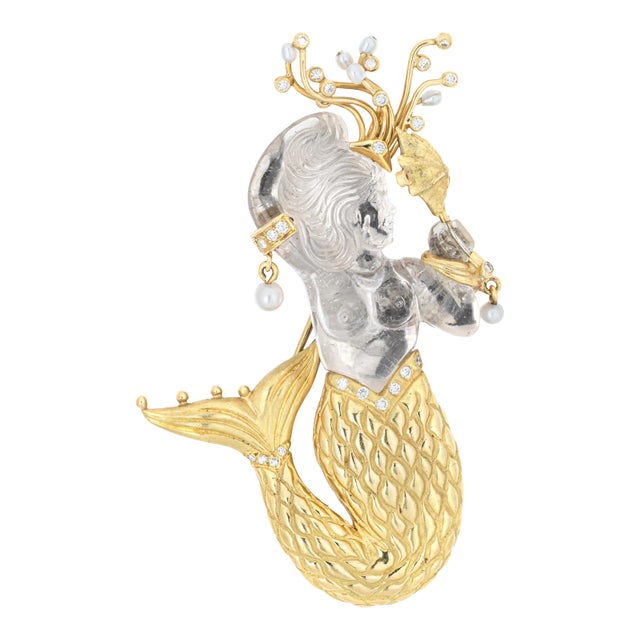 Mid 20th Century Rock Crystal 18k Yellow Gold Diamond Mermaid Pendant Brooch For Sale