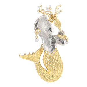 Mid 20th Century Rock Crystal 18k Yellow Gold Diamond Mermaid Pendant Brooch