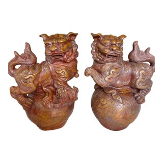 Pair Large 19" Terracotta Foo Dogs Chinese Guardian Lions Vintage Heavy For Sale