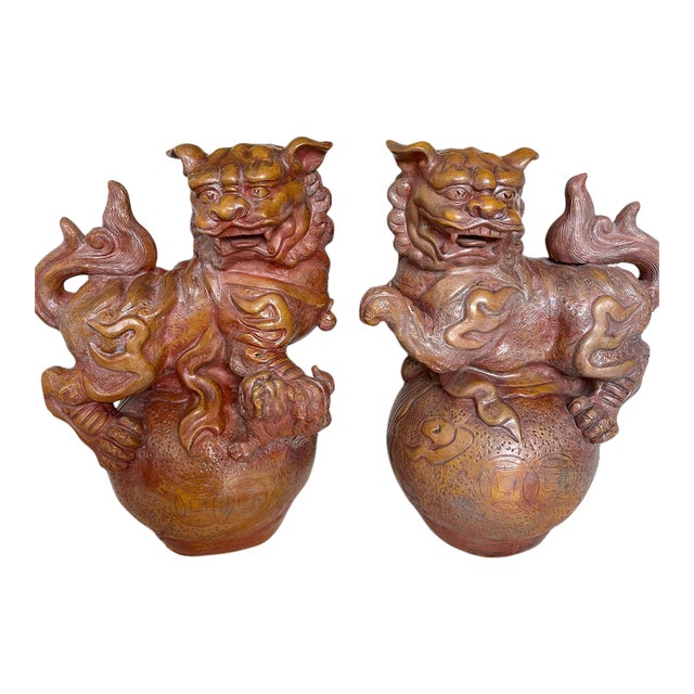 Pair Large 19" Terracotta Foo Dogs Chinese Guardian Lions Vintage Heavy For Sale