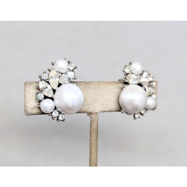 Metal Vintage Signed Crown Trifari Rhodium Plated Mabe Pearl & Clear Rhinestone Clip Earrings-2 Pieces For Sale - Image 7 of 8