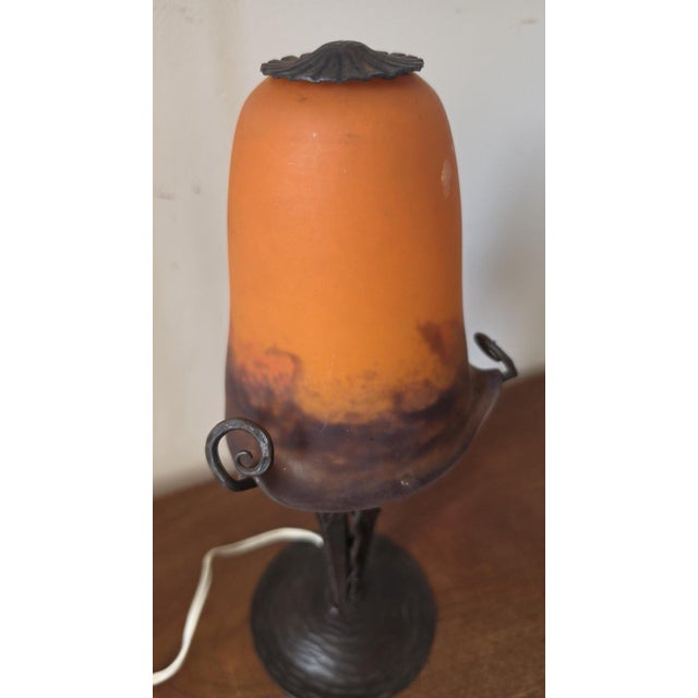 Orange 1930s Degué Art Deco Table Lamp Signed French Glass Wrought Iron Orange Accent Light Antique French Lighting For Sale - Image 8 of 15