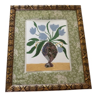 Original Floral Acrylic Painting With Collage Framed With Fabric Mat For Sale