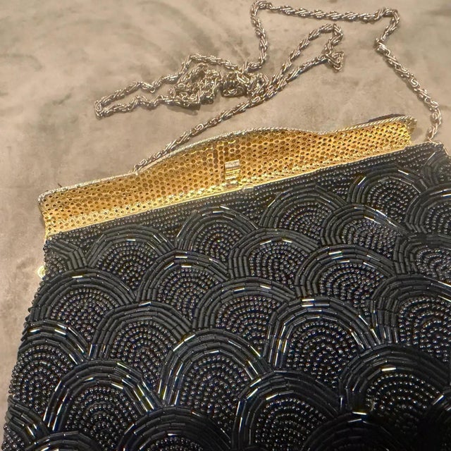 1940s High Quality Black Beads and Brass French Evening Bag For Sale - Image 12 of 18