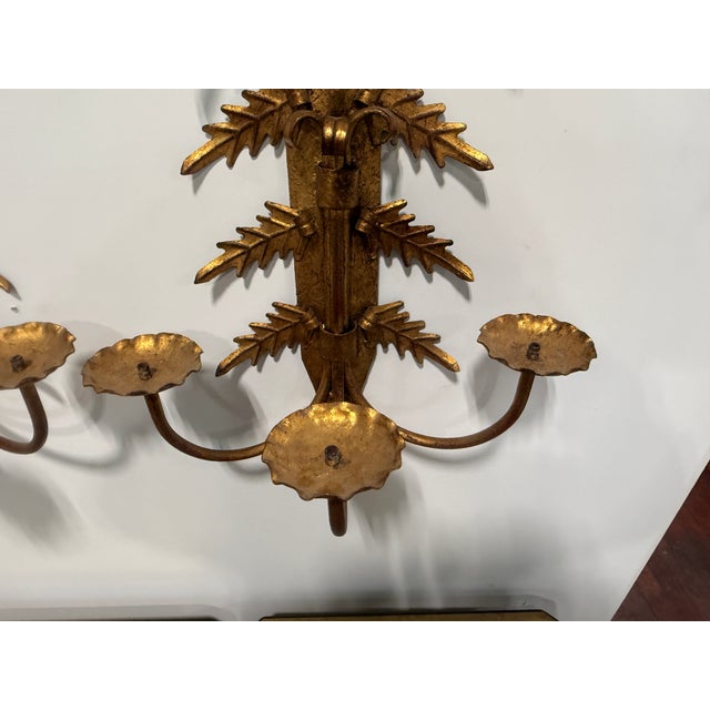 Pair, Mid Century Italian Gilt Metal Leaf Starburst Three Arm Candle Sconces For Sale - Image 4 of 9