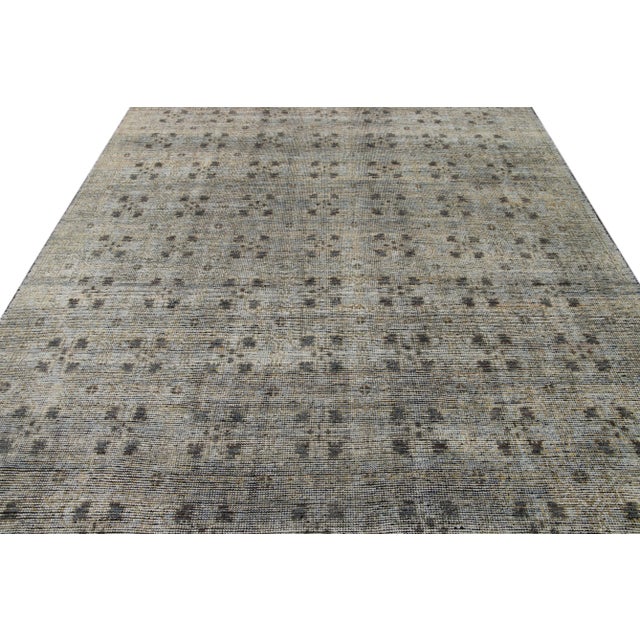 Beautiful Modern Soumak Style Distressed Indian Rug, hand-knotted wool with a gray field, dark gray and tan accents, and...