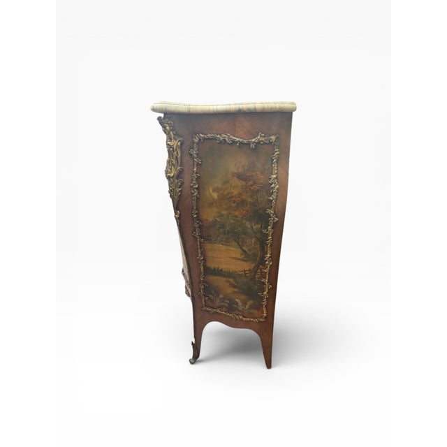 Brown Early 20th Century French Louis XV Style Bombe Cabinet With Shaped Marble Top and Vernis Martin Style Painted Panels For Sale - Image 8 of 14