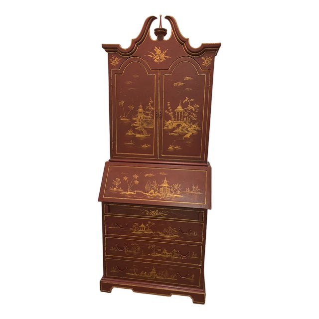 18th C Style Two Word Arts Red Chinoiserie Secretary Desk Bookcase (2 Pieces) With Custom Paint For Sale