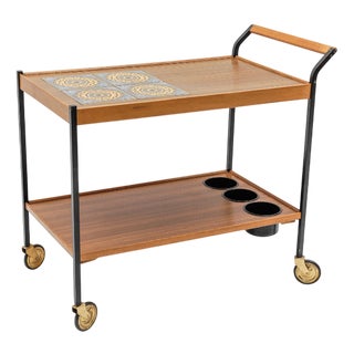 Vintage Walnut and Ceramic Serving Trolley, 1960s For Sale