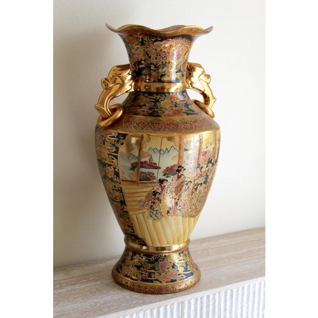 1970s Vintage Royal Satsuma-Style 24" Porcelain Floor Vase – Gold Gilt & Dragon Handles For Sale - Image 5 of 18