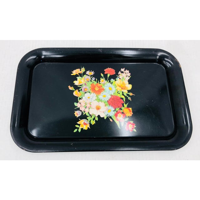 Stunning Vintage Mid Century Black Metal Tray with Mixed Wild Flower / Floral Bouquet Design at Center. A perfect piece in...