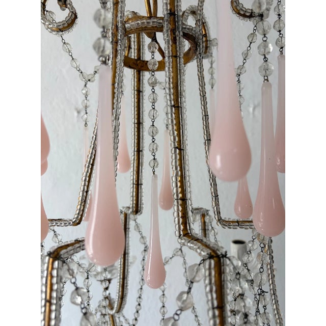 French Pink Opaline Murano Drops Rock Crystal Swags Chandelier, Circa 1920French Pink Opaline Murano Drops Rock Crystal Swags Chandelier, Circa 1920 For Sale - Image 11 of 13