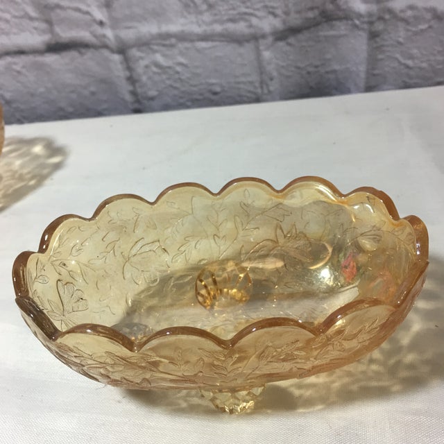 Vintage Jeanette Floral Iridescent Floragold Louisa Scallop Footed Oval Bowls - Set of 2 For Sale - Image 10 of 11