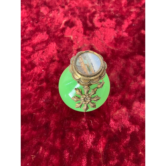Mid 19th Century French Uranium Opaline Scent Bottle, Hand-Painted Pont Neuf & Louvre Miniature, Gilt Mounts, Napoleon Iii, 3in For Sale - Image 12 of 14