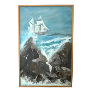 1974 Framed Virgin Islands Seascape Original Oil Painting on Board Signed Ron Morón