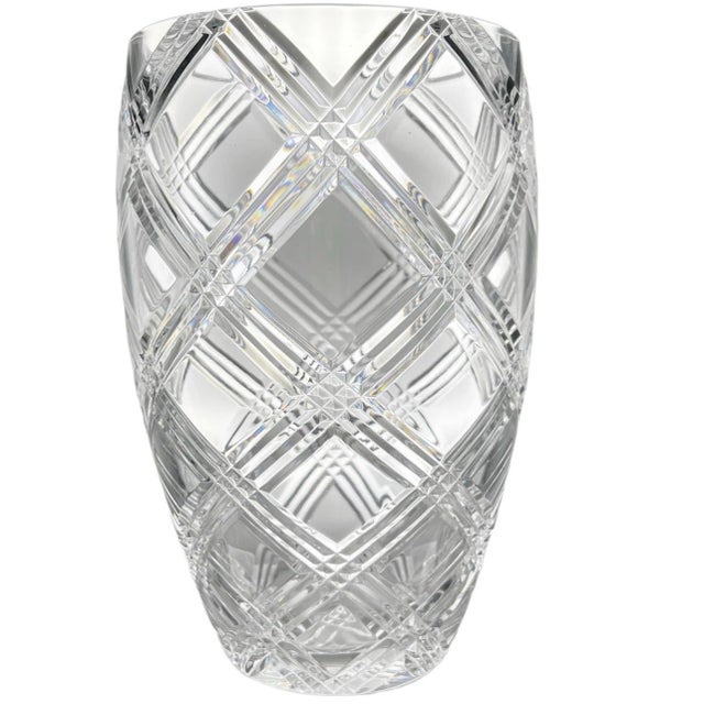 Oversized Crystal Hurricane Pair, Crisscross Cut | 16 Inch Tall, Vintage Tablescape For Sale - Image 4 of 4