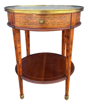 French Louis XVI Style Round Side Table with Marquetry and Drawer, 1930s