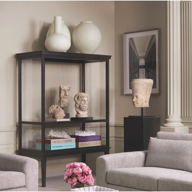 Contemporary display cabinet in black wood veneer and clear glass, designed to showcase works of art, sculptures, books,...