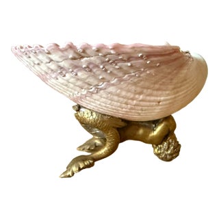 French Scallop Shell Bowl on Brass Pedestal Base For Sale