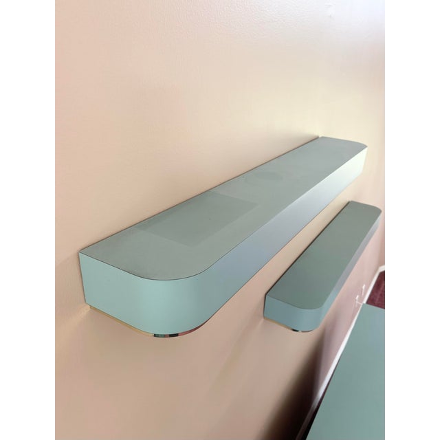 Baby Blue Postmodern Baby Blue Laminate Floating Sconce Shelves With Gold Accents - A Pair For Sale - Image 8 of 9