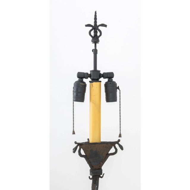 Edgar Brandt Style Patinated Wrought Iron Floor Lamp, with snake head and unicorn horn finial and snake head motif on...