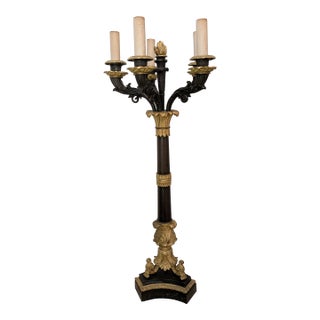 French Empire Bronze Dore Candelabrum Featuring a Gilt Flame Finial; Possibly Thornier For Sale