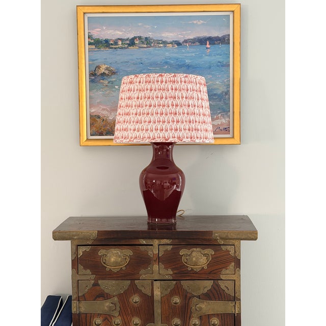 Tall Sang De Boeuf Oxblood Red Chinese Porcelain Lamp With Shade For Sale - Image 9 of 10