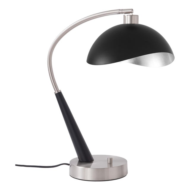 Luna Bella Boomerang Table Lamp, Black Oak/Satin Nickel Body, Matte Black/Silver Shade For Sale