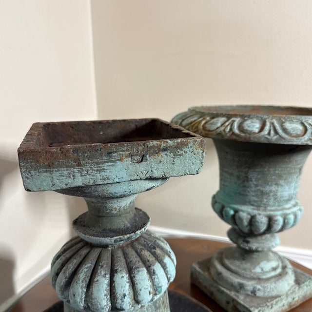 Metal Vintage Pair French Country Cast Iron Verdigris Green Garden Urns Planters For Sale - Image 7 of 8