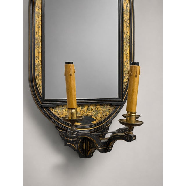 Lamb of Manchester Aesthetic Movement Ebonized Gilt Chinoiserie Mirrored Sconces For Sale - Image 4 of 10