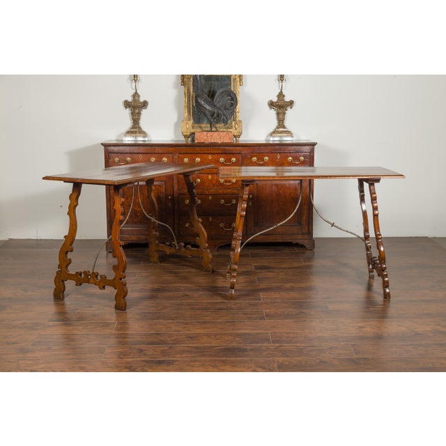 Late 19th Century Pair of Spanish Baroque Style 1880s Walnut Console Tables with Iron Stretchers For Sale - Image 5 of 12
