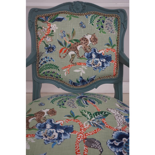 Pair Petite French Greenish Blue Painted Armchairs For Sale - Image 11 of 18