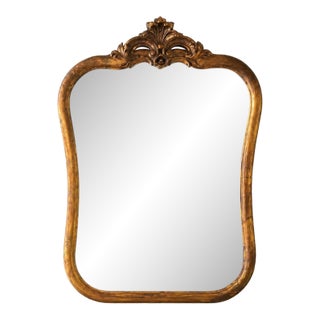 Antique Rococo Giltwood Wall Mirror, 19th Century Hand-Carved Crest, 26” X 37” For Sale