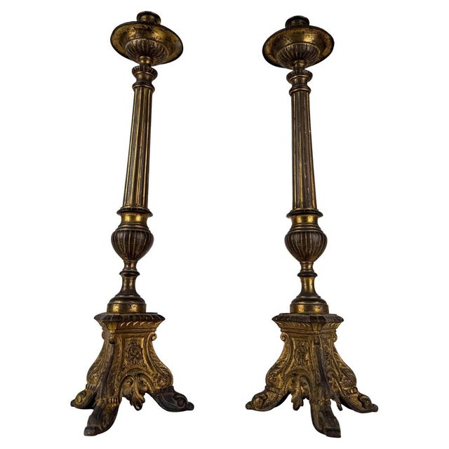 Italian Baroque Style Church Candlesticks in Gilt Bronze, Set of 2 For Sale - Image 17 of 17