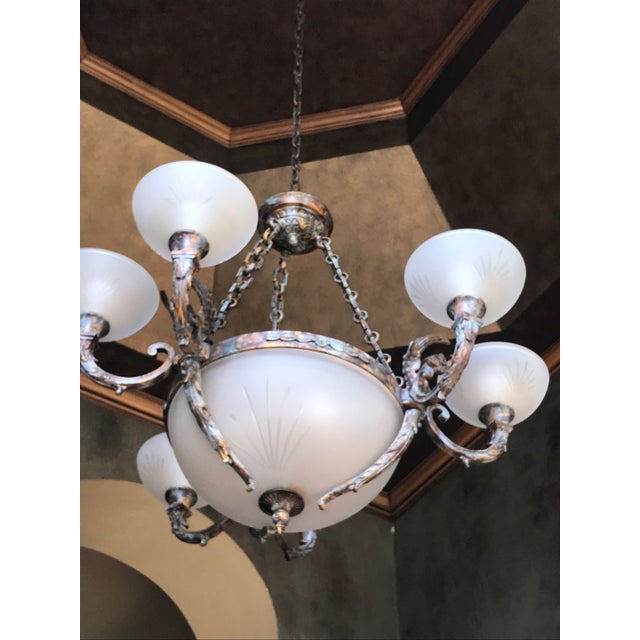 Late 20th Century Neo-Classical Cast Bronze Chandelier With Frosted Crystal Hand-Cut Globes For Sale - Image 4 of 13