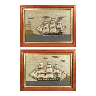 Pair of Royal Navy Sailor’s Woolworks by the Same Hand With Trapunto Sails For Sale