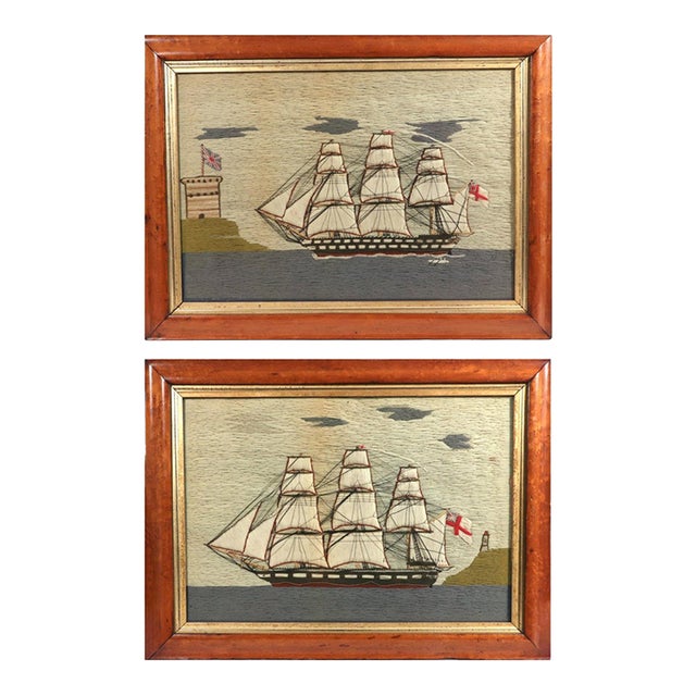 Pair of Royal Navy Sailor’s Woolworks by the Same Hand With Trapunto Sails For Sale