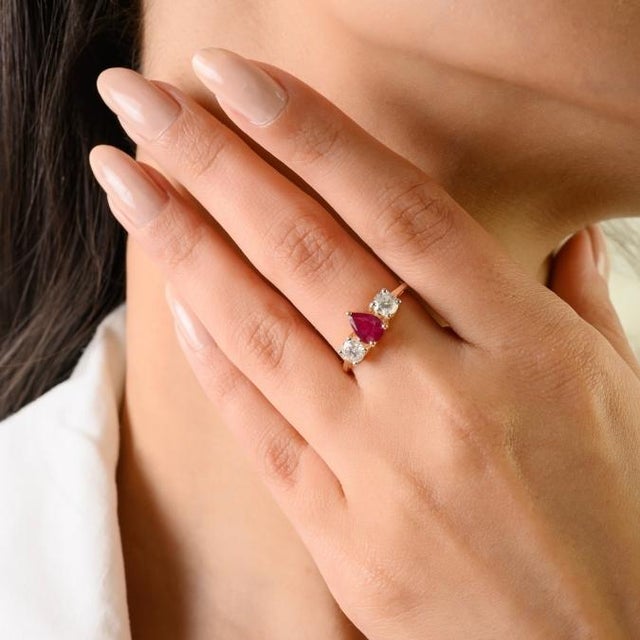 Ancient Prong Set Ruby & Round Diamond Past Present Future Ring Size 5 in 14k Gold For Sale In New York - Image 6 of 14