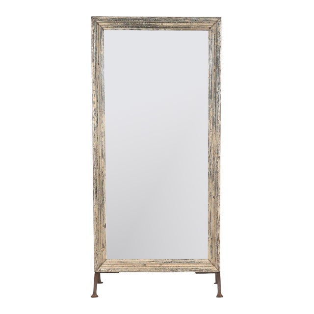 Vintage Indian Carved and Bleached Teakwood Mirror on Iron Legs For Sale
