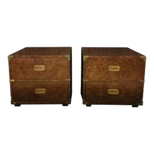 Mid 20th Century Henredon Nightstands - Pair - Campaign-Style Faux Tortoise Shell Finish