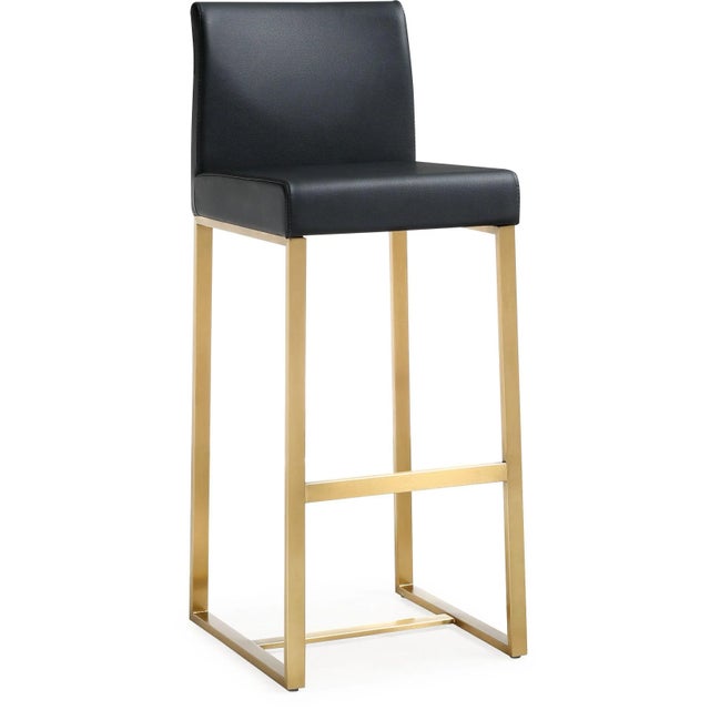 Denmark Black Vegan Leather & Gold Steel Bar Stools - Set of 2 For Sale - Image 11 of 12