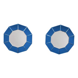 Italian Blue Mirrored Glass Decagonal Mirrors, 2000s, Set of 2 For Sale