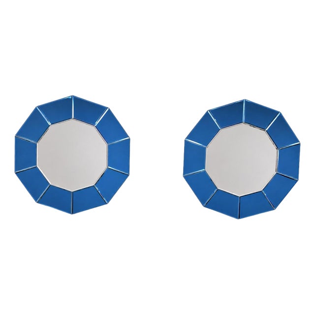 Italian Blue Mirrored Glass Decagonal Mirrors, 2000s, Set of 2 For Sale