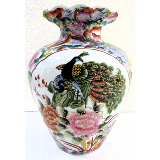 Chinoiserie Vintage Chinoiserie Hand Painted Famille Rose Peacock Porcelain Vase For Sale - Image 3 of 12