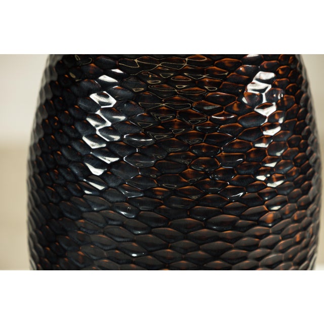 Late 20th Century Artisan Large Honeycomb-Textured Ceramic Vase in Deep Brown and Black Glaze For Sale - Image 5 of 18