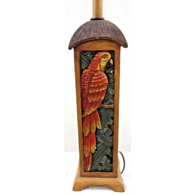 Textile Matched Pair of Parrot Motif Table Lamps With Custom Linen Shades Attributed to Tommy Bahama For Sale - Image 7 of 12