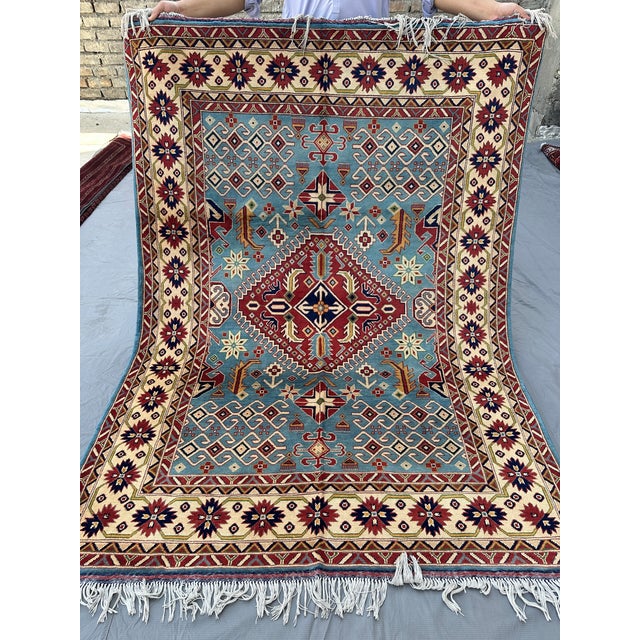 Textile Hand-Knotted Blue and Red Afghan Medallion Wool Area Rug, 6'9" X 5'0 For Sale - Image 7 of 12