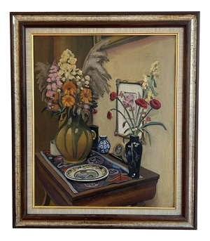 Gabriel Edouard Haberjahn, Nature morte aux fleurs et poteries, 1923, Oil on Cardboard, Framed