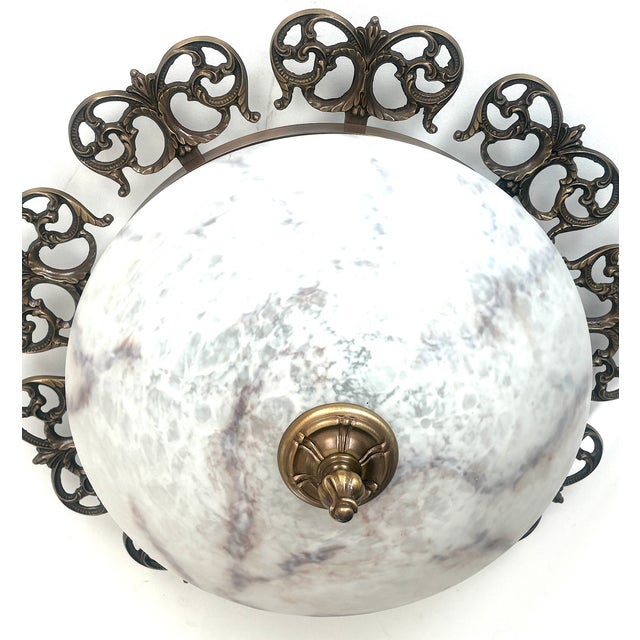 Vintage Ceiling Lamp in Brass and Marbled Glass, 1950s For Sale - Image 6 of 10